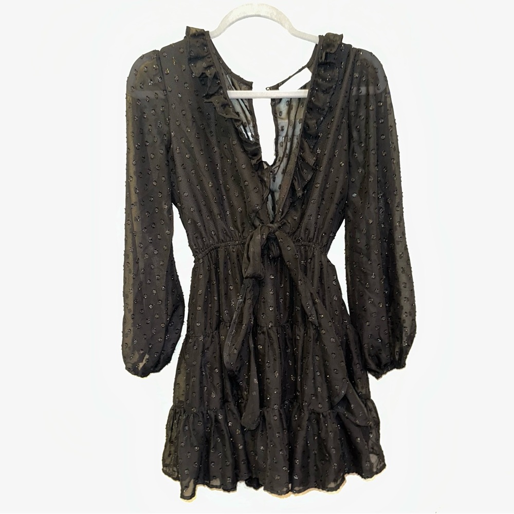 Mod On Trend Small Black Long Sleeve Sheer Tiered Ruffles Dots Mini Goth Dress